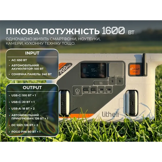 Портативная зарядная станция Litheli 800 Вт, 724 Вт·ч, LiFePO4 + 2 Power Bank — Photo 9